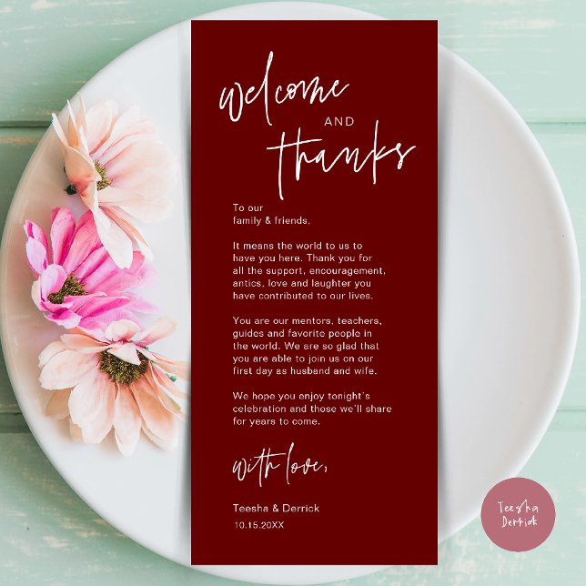 Carte de remerciement de mariage moderne pour le d (Modern Casual Wedding Dinner Place Setting Thank You Card in burgundy wine red)