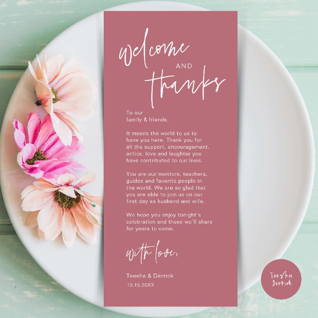 Carte de remerciement de mariage moderne pour le d (Modern Casual Wedding Dinner Place Setting Thank You Card in dusty rose pink)