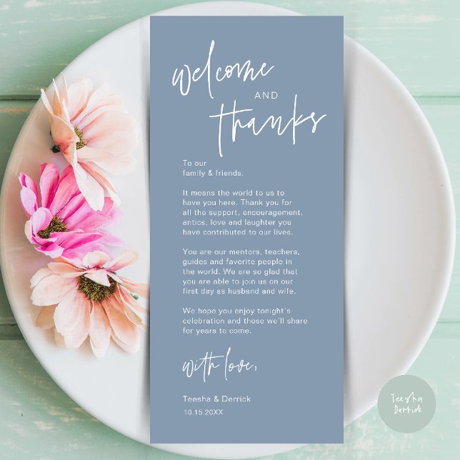 Carte de remerciement de mariage moderne pour le d (Modern Casual Wedding Dinner Place Setting Thank You Card in dusty blue)