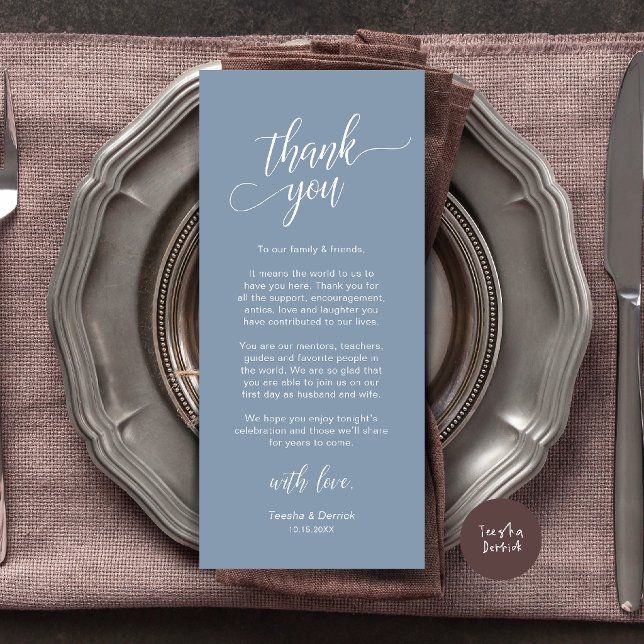 Carte de remerciement de mariage moderne pour le d (Modern Wedding Dinner Place Setting Thank You Card in dusty blue)