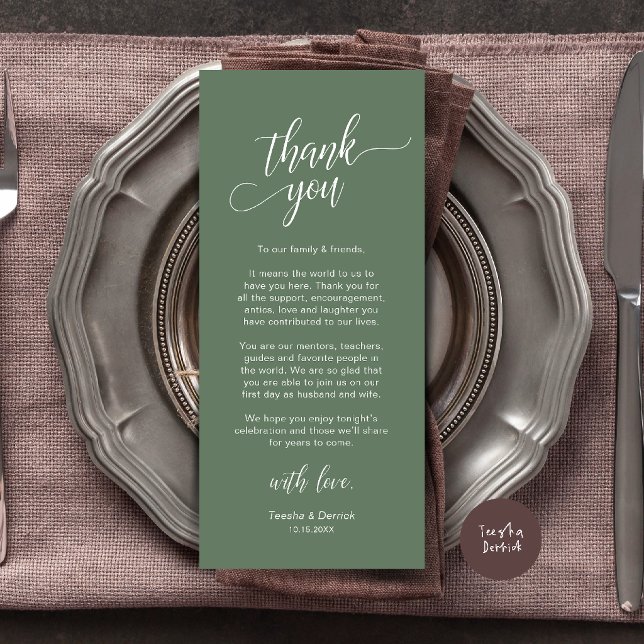 Carte de remerciement de mariage moderne pour le d (Modern Wedding Dinner Place Setting Thank You Card in sage green)