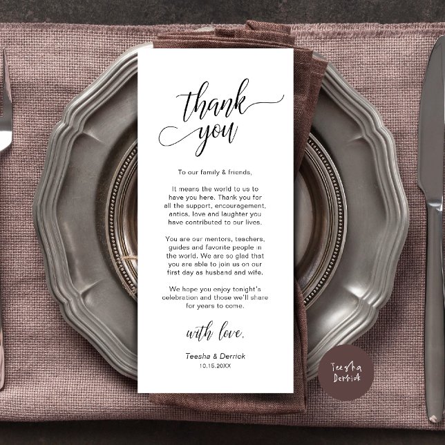 Carte de remerciement de mariage moderne pour le d (Modern Wedding Dinner Place Setting Thank You Card in Black and white)