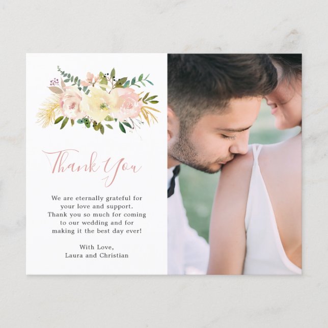 Carte de remerciement de mariage photo florale ros (Devant)