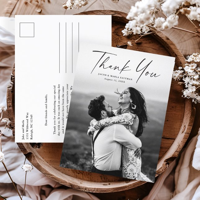 Carte de remerciement de mariage photo Script Budg (Modern script wedding photo thank you postcard.)