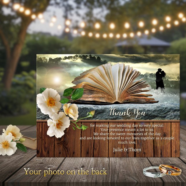 Carte de remerciement de mariage pour amoureux de  (Wedding Thank You card featuring a book in a dreamy landscape scene with roses on rustic wood)