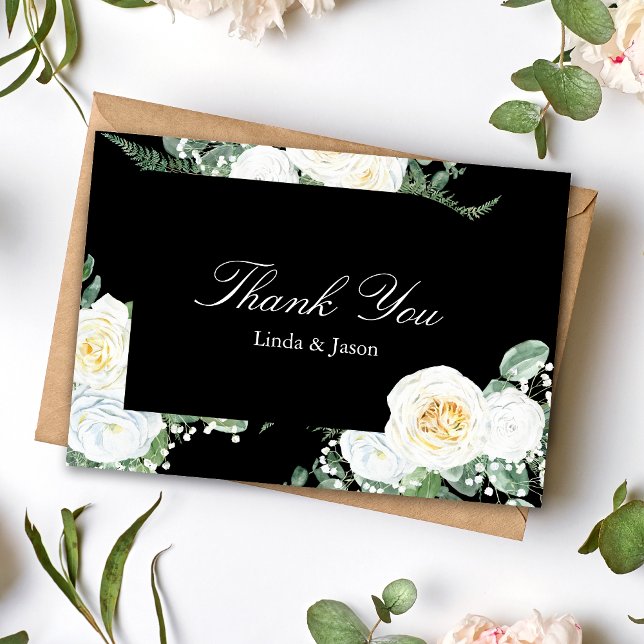 Carte de Remerciement de Mariage Roses Blanches Él (Black elegant white roses thank you card expresses heartfelt gratitude with timeless style.)