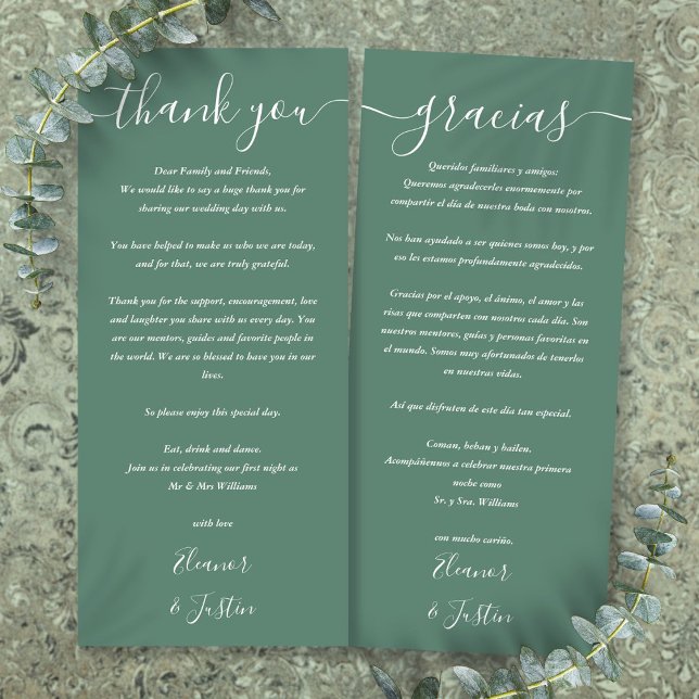Carte de remerciement de mariage vert Eucalyptus 2 (Eucalyptus Green Wedding 2 Language Thank You Card)