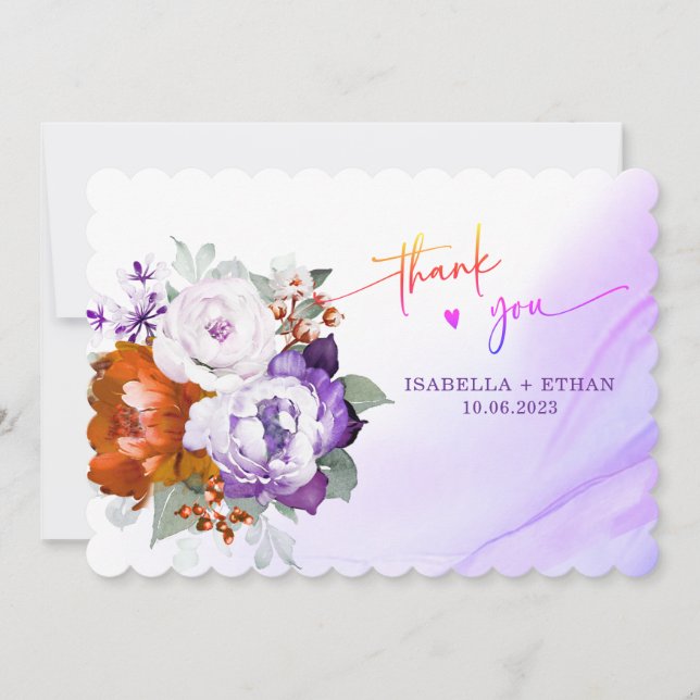 Carte de remerciement de mariage Violet et Orange  (Devant)