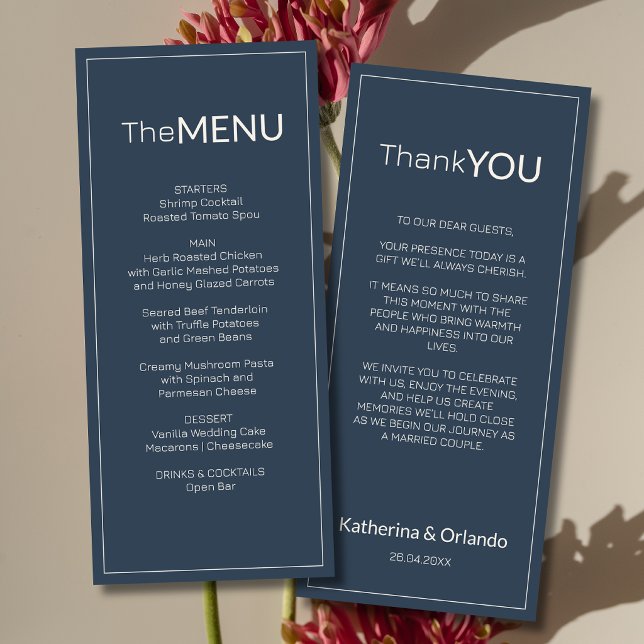 Carte de remerciement de menu de mariage bleu mari (Créateur téléchargé)