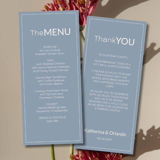 Carte de remerciement de menu de mariage bleu pous (Créateur téléchargé)