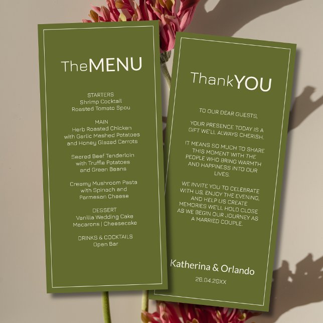 Carte de remerciement de menu de mariage Olive Gre (Créateur téléchargé)