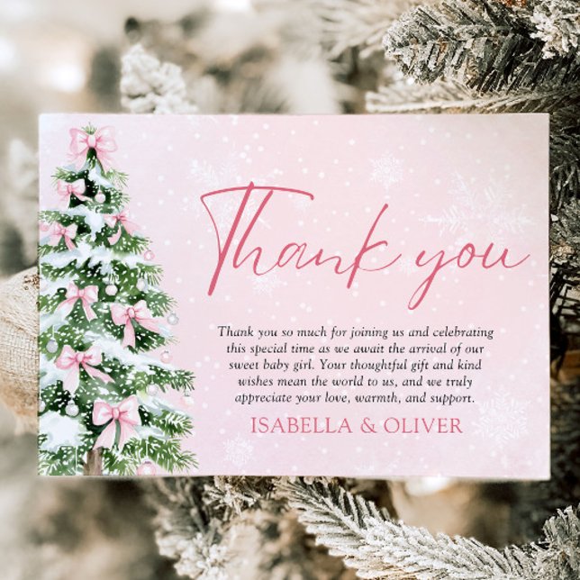 Carte de remerciement de Noël Arbre aux Rubans Ros (Pink Bows Christmas Tree Winter Thank you card)