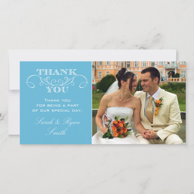 Carte de remerciement de photo Mariage bleu modern (Devant)