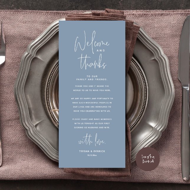 Carte de remerciement de réception de mariage Bien (Welcome n Thanks Wedding Reception Dinner Brunch Lunch Thank You Card in Dusty Blue)