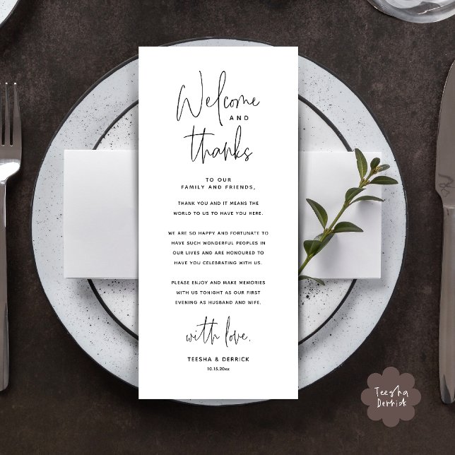 Carte de remerciement de réception de mariage Bien (Welcome n Thanks Wedding Reception Dinner Brunch Lunch Thank You Card in Black White)