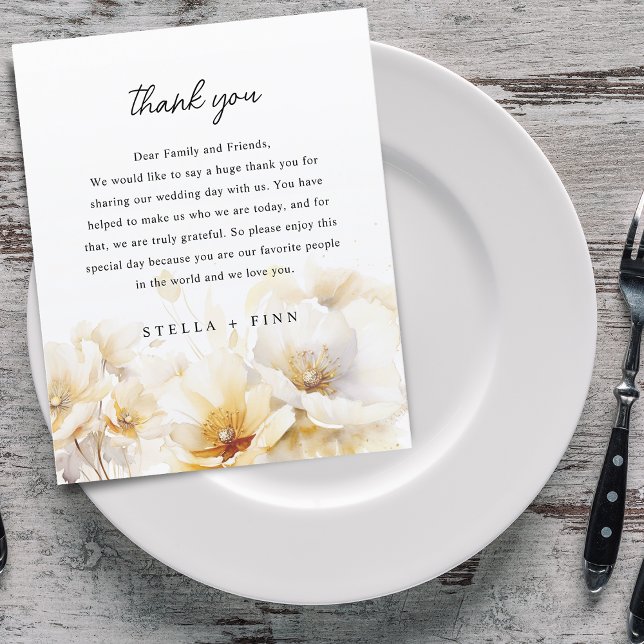 Carte de Remerciement de Réception de Mariage Fleu (White Gold Flower Thank You Wedding Reception Card)