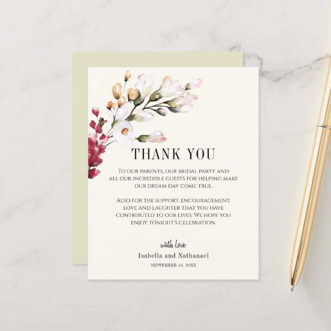 Carte de remerciement de réception de mariage flor (Devant/Arrière en situation)