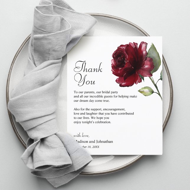 Carte de Remerciement de Réception de Mariage Flor (Floral Burgundy Thank You Wedding Reception Card)