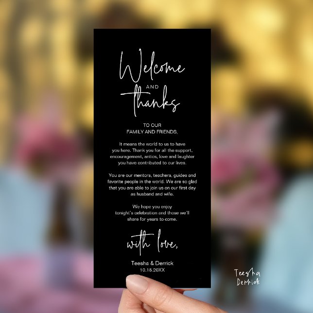 Carte de remerciement de réception de mariage mini (Modern Minimalist Wedding Reception Thank You Dinner Lunch Brunch Party Card in Black and White)