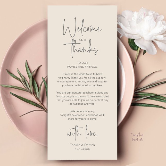 Carte de remerciement de réception de mariage mini (Modern Minimalist Wedding Reception Thank You Dinner Lunch Brunch Party Card in Cream Grey)