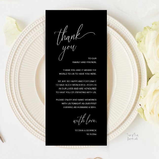 Carte de remerciement de réception de mariage mini (Modern Minimalist Wedding Reception Thank You Card in Classy Black and White)