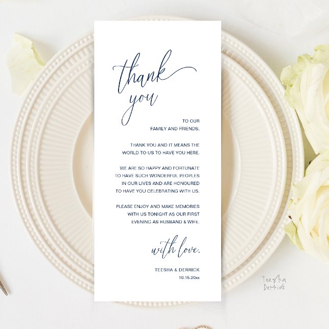 Carte de remerciement de réception de mariage mini (Modern Minimalist Wedding Reception Thank You Card in Classy Navy Blue)