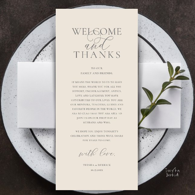 Carte de remerciement de réception de mariage mode (Modern Classy Wedding Reception Dinner Lunch Brunch Thank You Card in Cream Grey)