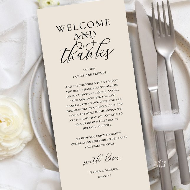 Carte de remerciement de réception de mariage mode (Modern Classy Wedding Reception Dinner Brunch Lunch Thank You Card in Cream Black)