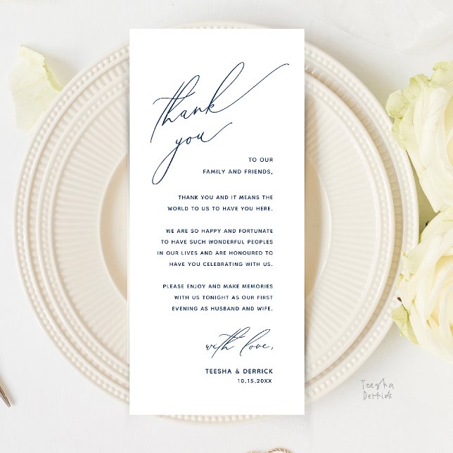 Carte de remerciement de réception de mariage mode (Romantic Modern Wedding Reception Dinner Thank You Card in Navy Blue)