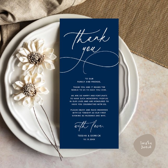 Carte de remerciement de réception de mariage mode (Romantic Modern Wedding Reception Dinner Thank You Card in navy blue)