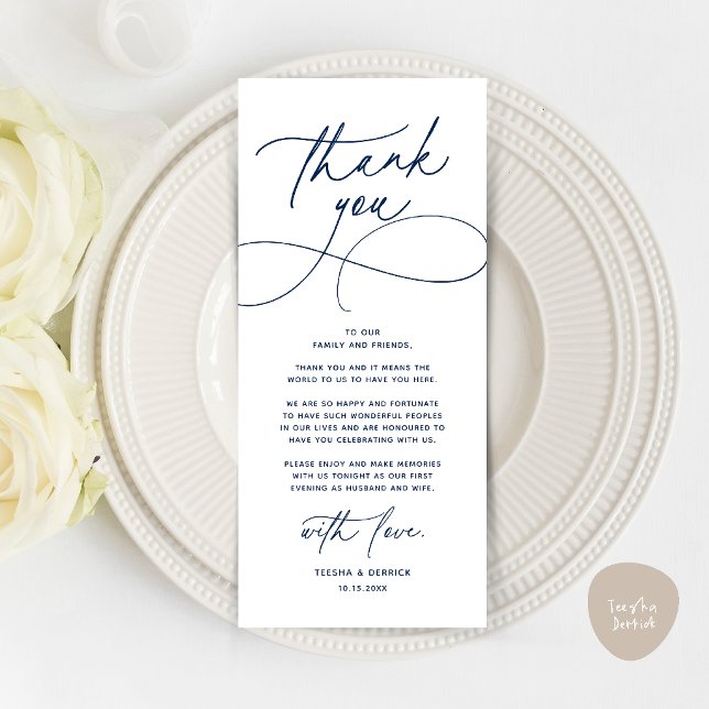 Carte de remerciement de réception de mariage mode (Romantic Modern Wedding Reception Dinner Thank You Card in navy blue)
