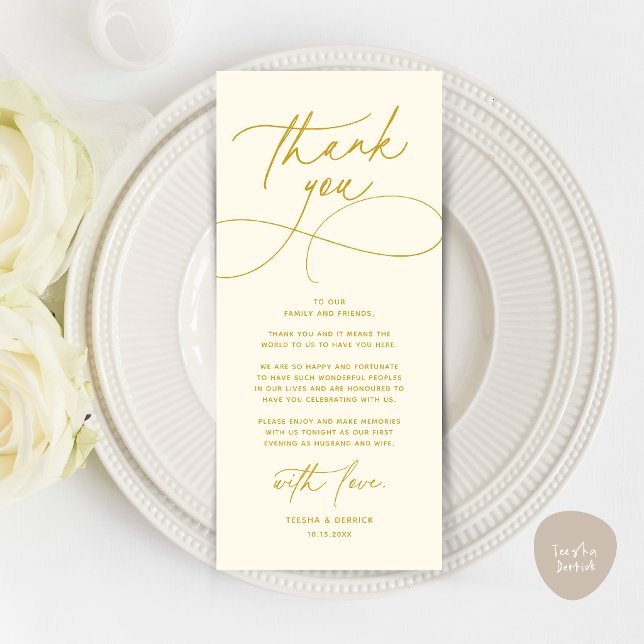 Carte de remerciement de réception de mariage mode (Romantic Modern Wedding Reception Dinner Thank You Card in yellow cream gold)