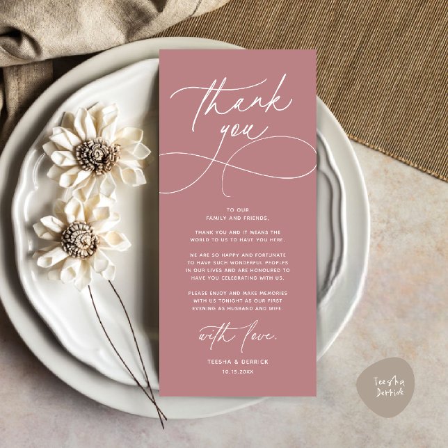 Carte de remerciement de réception de mariage mode (Romantic Modern Wedding Reception Dinner Thank You Card in dusty rose pink)