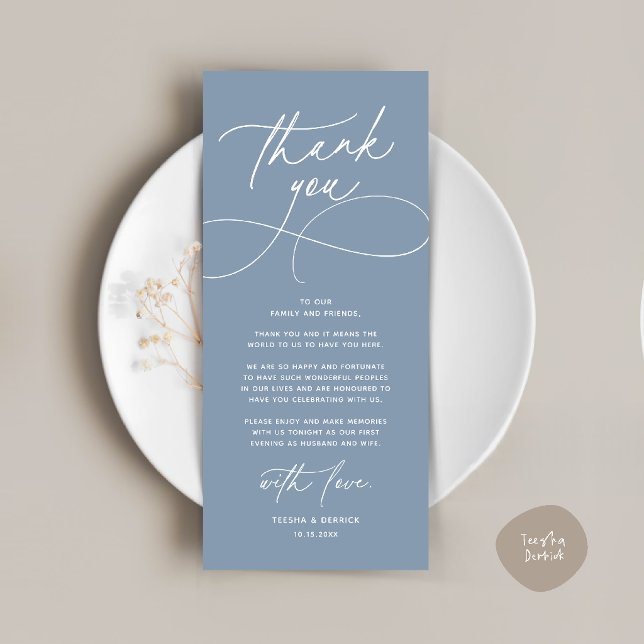 Carte de remerciement de réception de mariage mode (Romantic Modern Wedding Reception Dinner Thank You Card in dusty blue)