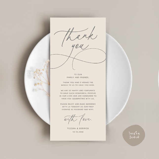 Carte de remerciement de réception de mariage mode (Romantic Modern Wedding Reception Dinner Thank You Card in grey cream)