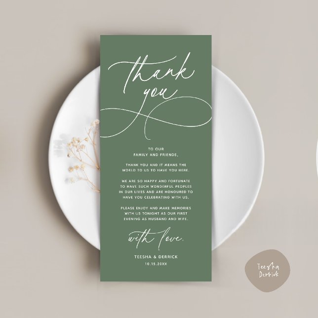 Carte de remerciement de réception de mariage mode (Romantic Modern Wedding Reception Dinner Thank You Card in sage green)
