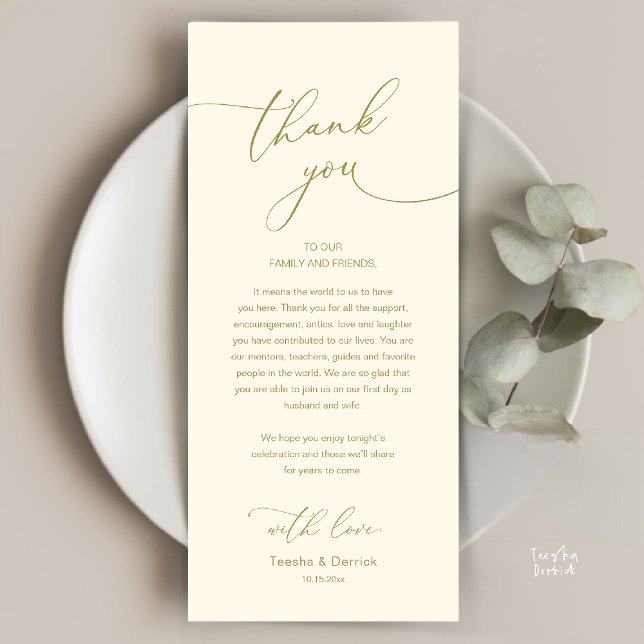Carte de remerciement de réception de mariage roma (Modern Romantic Wedding Reception Thank You Card, plate decoration, in Yellow Gold)