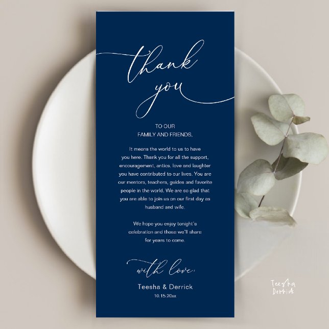 Carte de remerciement de réception de mariage roma (Modern Romantic Wedding Reception Thank You Card, plate decoration, in Classy Navy Blue)
