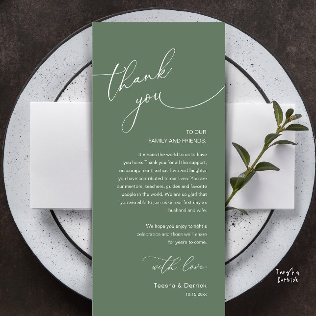 Carte de remerciement de réception de mariage roma (Modern Romantic Wedding Reception Thank You Card, plate decoration, in Sage Green)