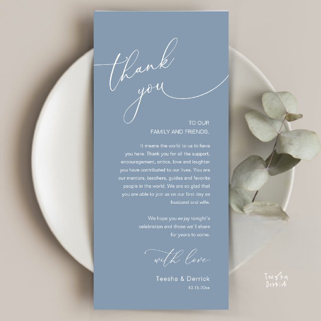 Carte de remerciement de réception de mariage roma (Modern Romantic Wedding Reception Thank You Card, plate decoration, in Dusty Blue)