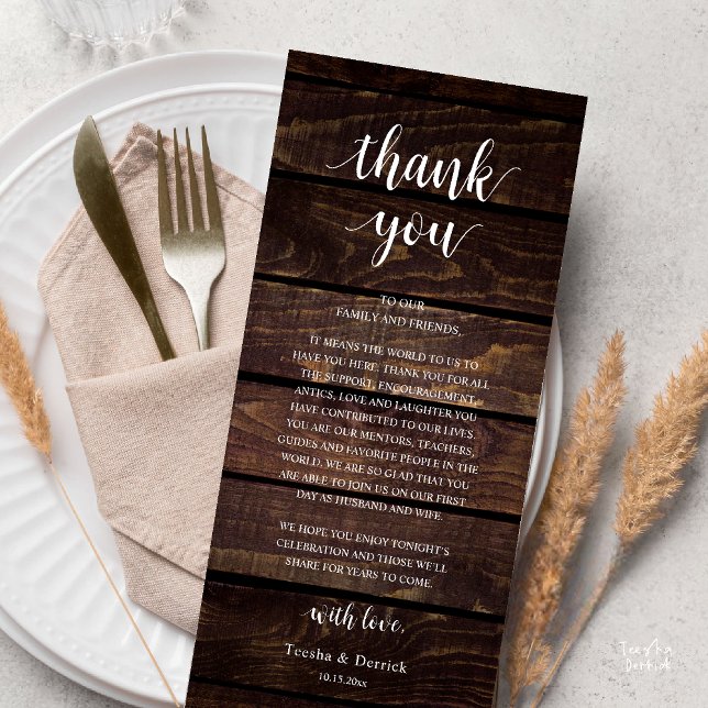 Carte de remerciement de réception de mariage rust (Modern Rustic Wedding Dinner Thank You Card Reception Lunch Brunch Reception in Cottage Dark Wood)