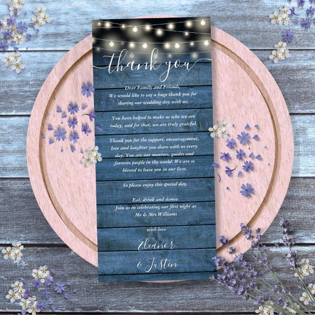 Carte de remerciement de réception de mariage rust (Blue Rustic Wedding Reception Thank You Place Card)