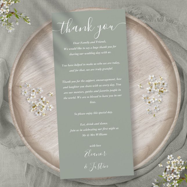 Carte de remerciement de réception de mariage vert (Wedding Reception Thank You Sage Green Place Card)