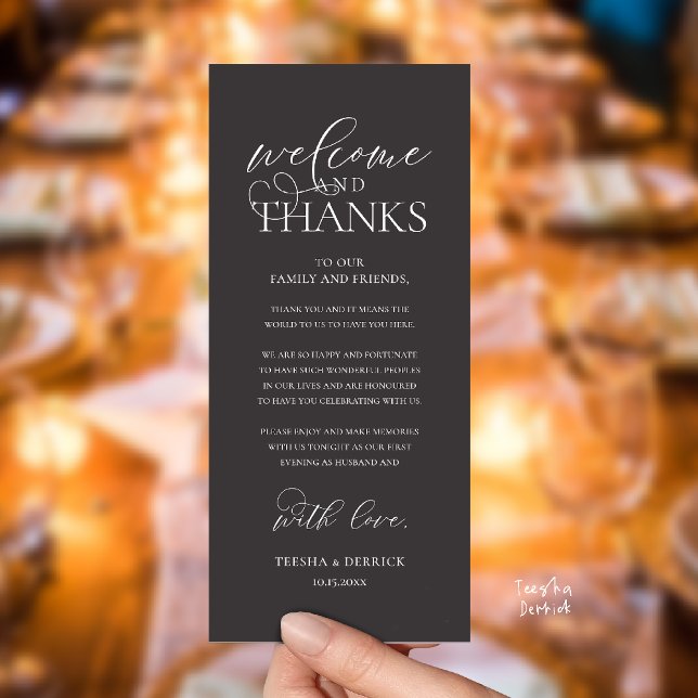 Carte de remerciement de réception élégante "Bienv ("Welcome and Thanks" Classy Wedding Romantic Reception Guest Card in charcoal grey)