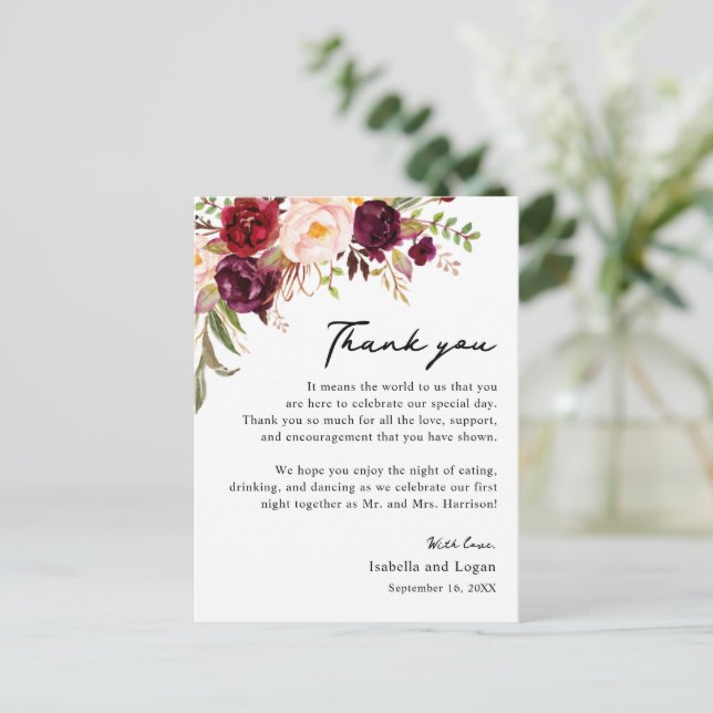 Carte de remerciement de réception Floral Blush Bo (Debout devant)