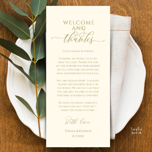 Carte de remerciement de table de dîner de mariage (Modern Wedding Dinner Place Setting Thank You Card in gold yellow cream)