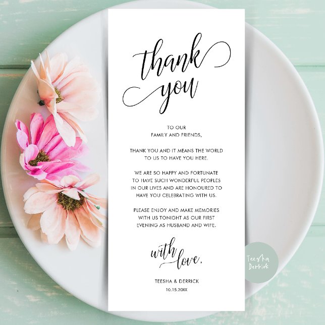 Carte de remerciement de table de dîner élégant mo (Modern Classy Wedding Dinner Place Setting Thank You Card in Black and White)