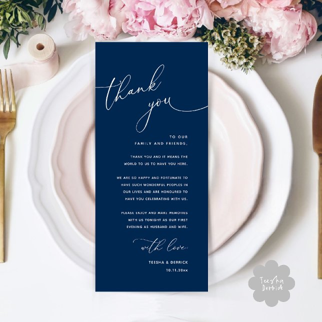 Carte de remerciement de table de mariage minimali (Welcome n Thanks Wedding Reception Dinner Brunch Lunch Thank You Card in Navy Blue)