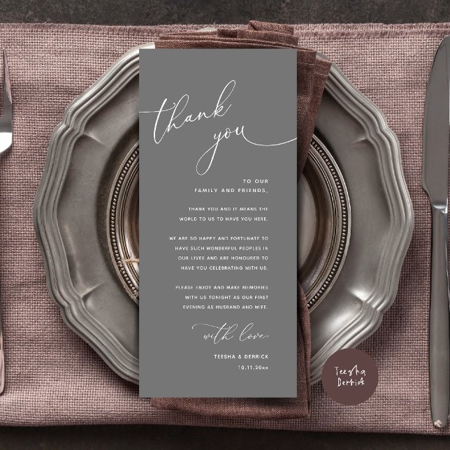 Carte de remerciement de table de mariage minimali (Welcome n Thanks Wedding Reception Dinner Brunch Lunch Thank You Card in Dark Grey)