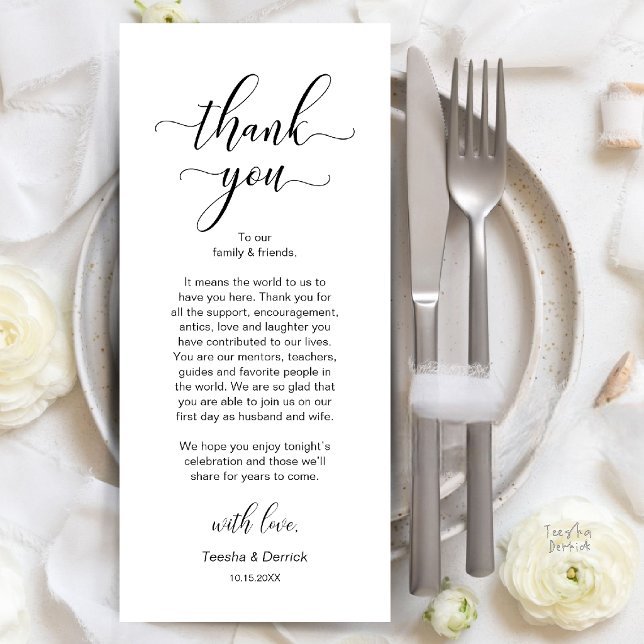 Carte de remerciement de table pour dîner de maria (Modern Wedding Dinner Place Setting Thank You Card in Black and White)